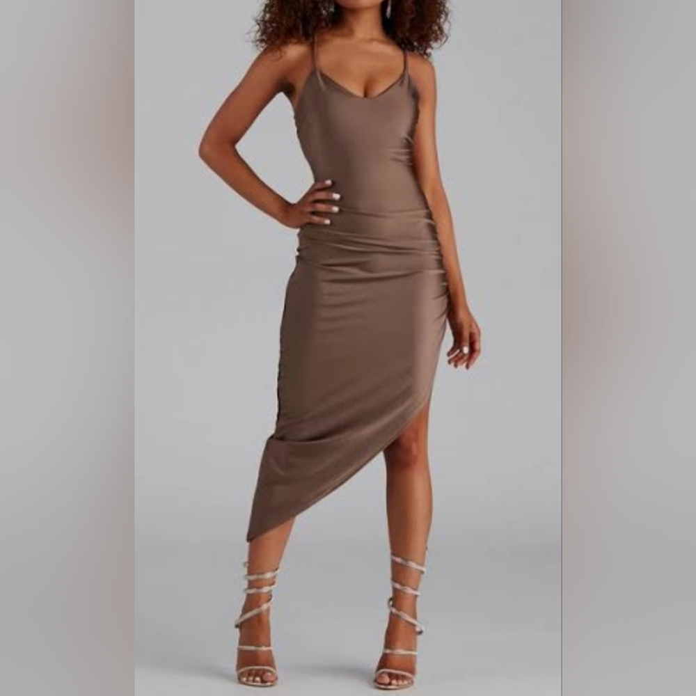 Glare Taupe Minimal High Slit Asymmetrical Midi Dress Sz M-L